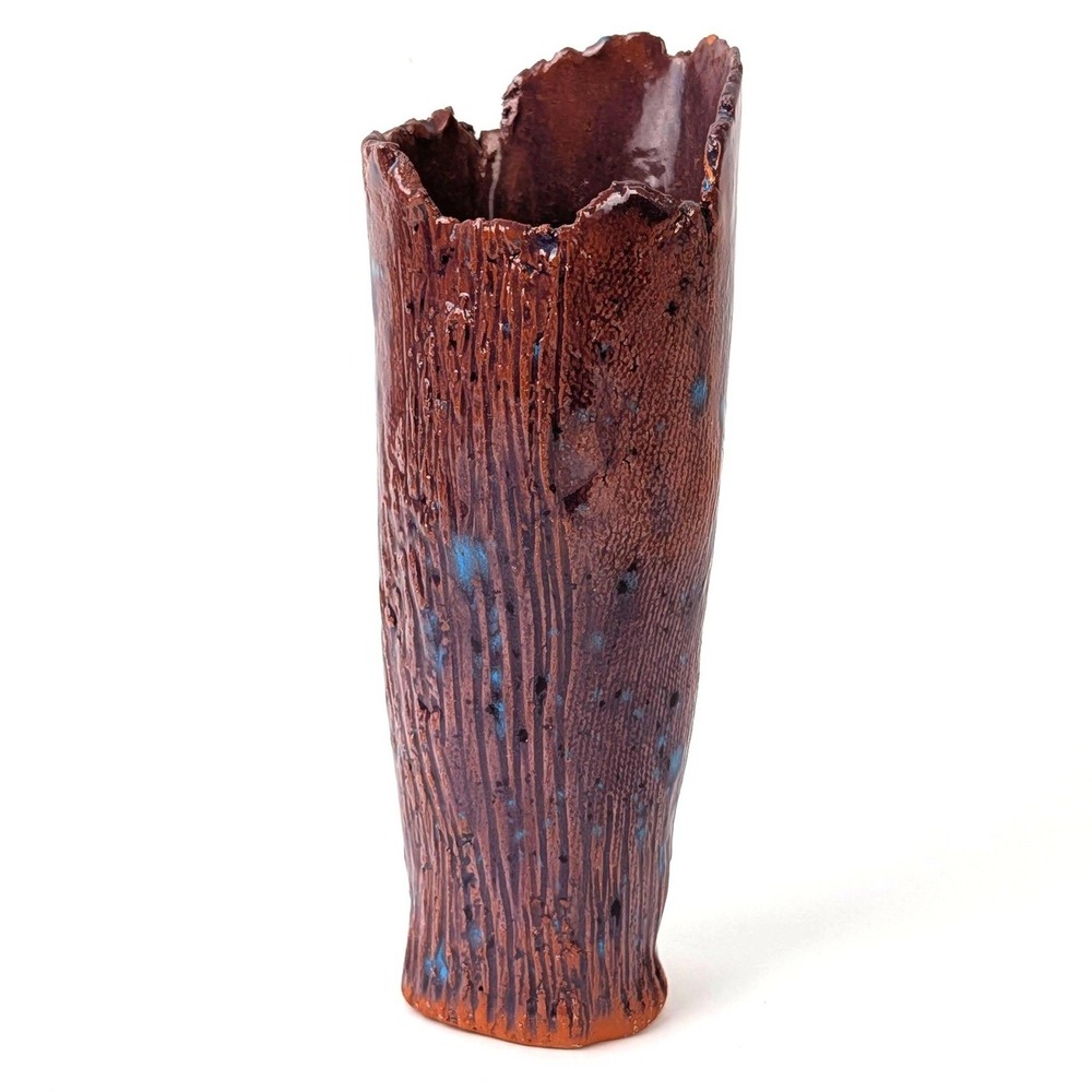 Studio Art Pottery Vase Brown Bark Texture Cobalt Blue Glaze Organic Modern 6in